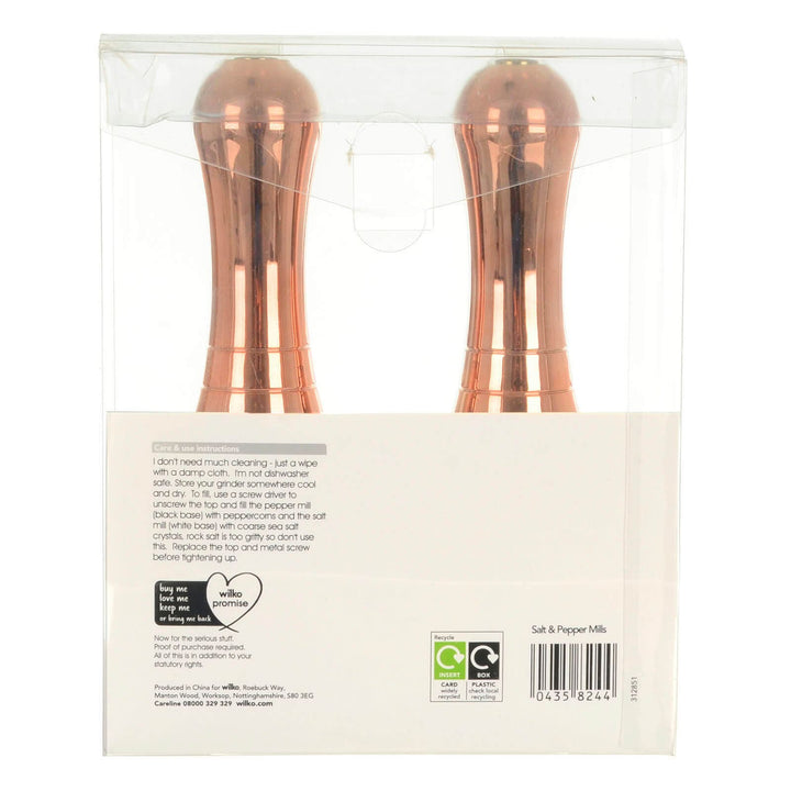 Back of the packaging of a salt and pepper mill set with rose gold handles