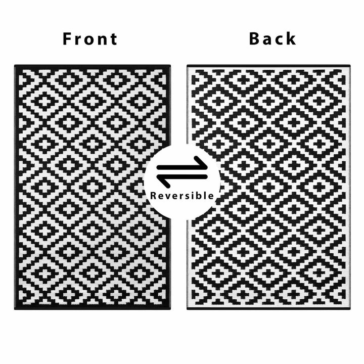 Diagram showing a reversible pattern on a black and white garden rug