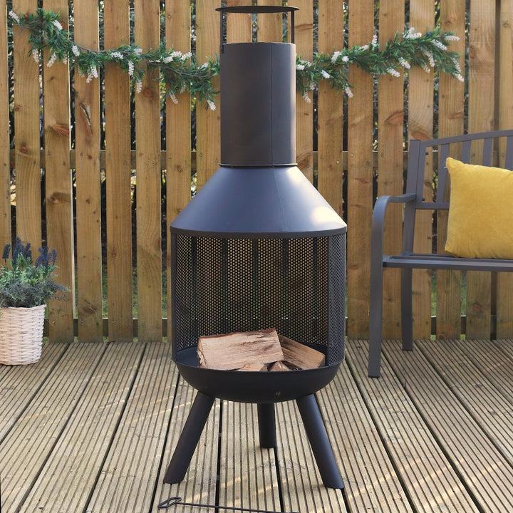 Vatra Wood Burning Fire Pit Chimney Patio Heater Black