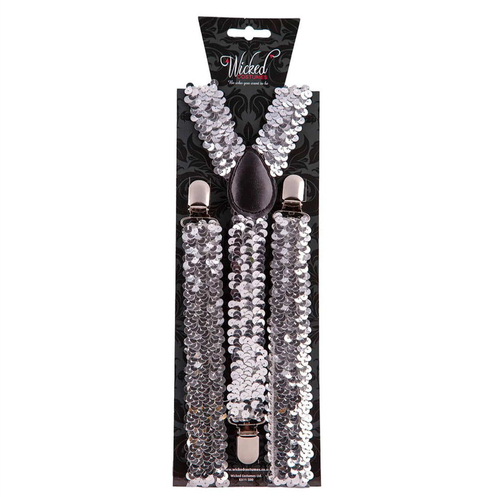 Adult Sequin Braces Adjustable Fancy Dress Showman Silver
