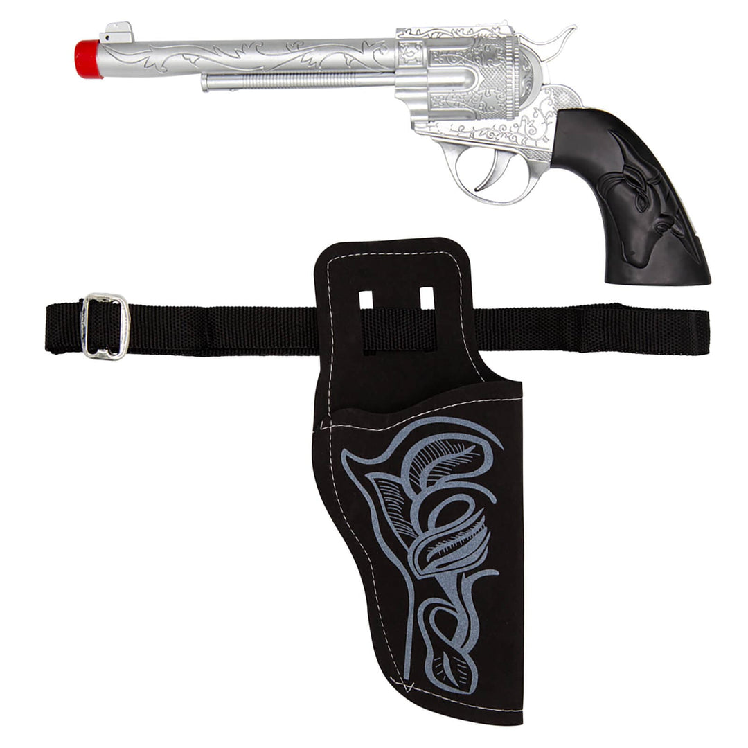 Toy cowboy gun with black holster and belt for fancy dress costumes