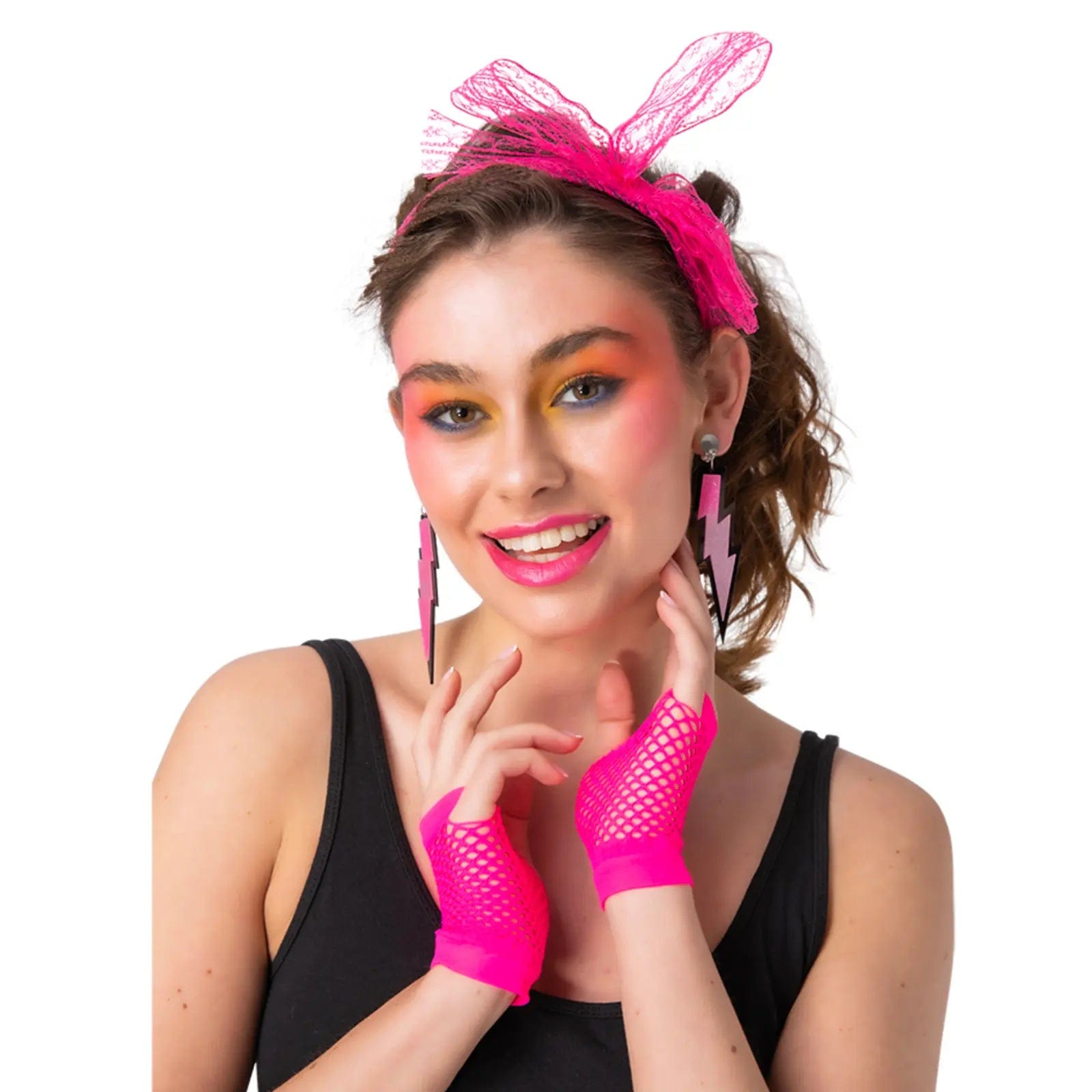 Buy 3 Piece 80s Accessory Set Neon Pink Bow Gloves XS Stock XS