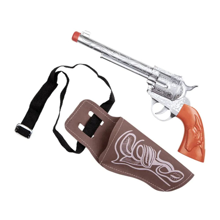 cowboy gun and holster set with replica pistol, brown fabric holder and black belt with silver buckle