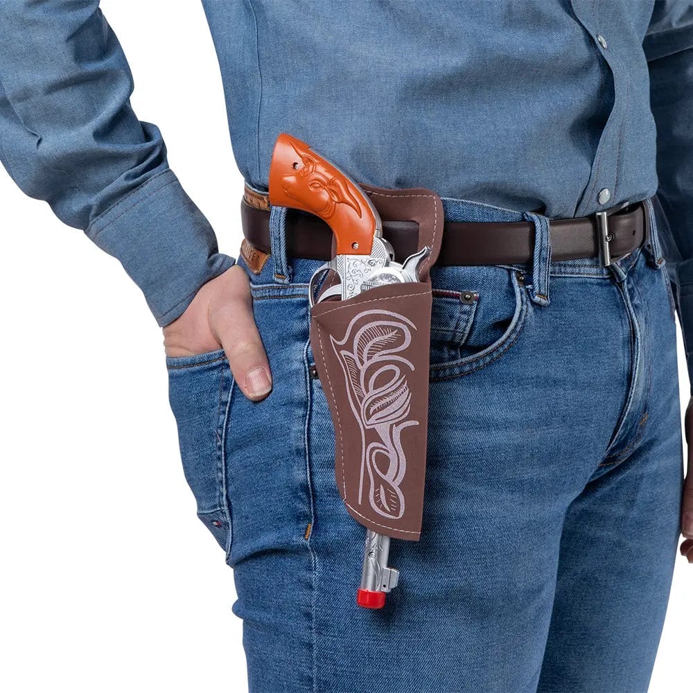 Person wearing a cowboy holster belt with plastic hand gun for fancy dress costumes