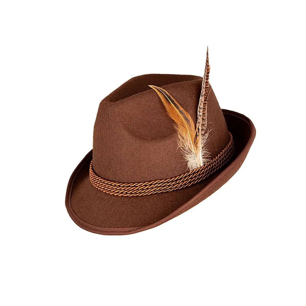 Brown felt Bavarian hat with feathers for German fancy dress costumes