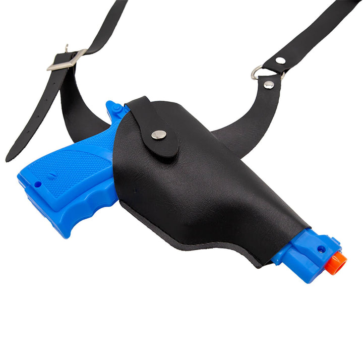 Blue toy gun in a black holster for fancy dress costumes
