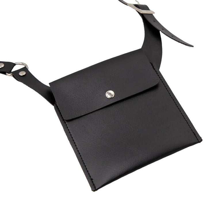 Black leather crossbody bag with a strap on a white background