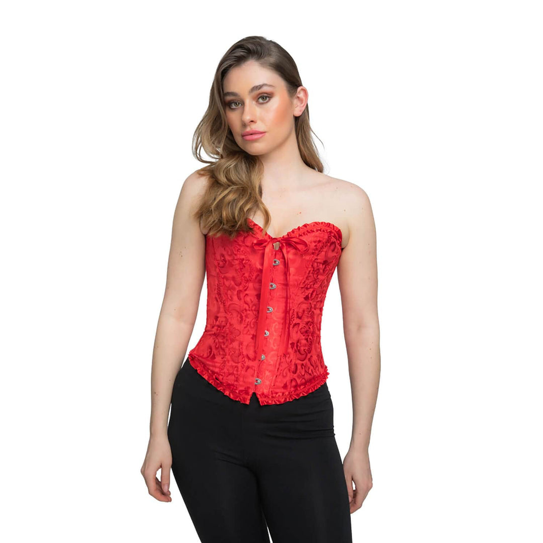 Young lady wearing a red costume corset with satin and lace detailing for fancy dress parties and role play