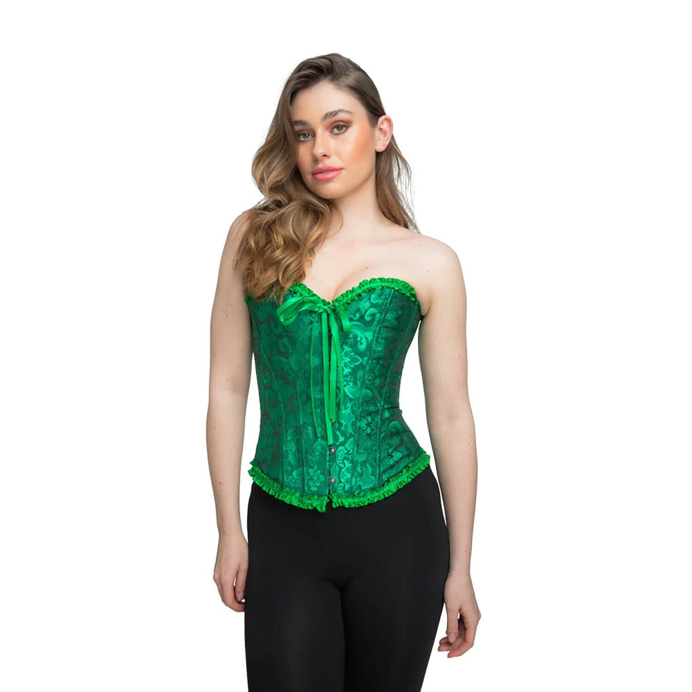 Young lady wearing a bright green costume corset with satin and lace detailing for fancy dress parties and role play