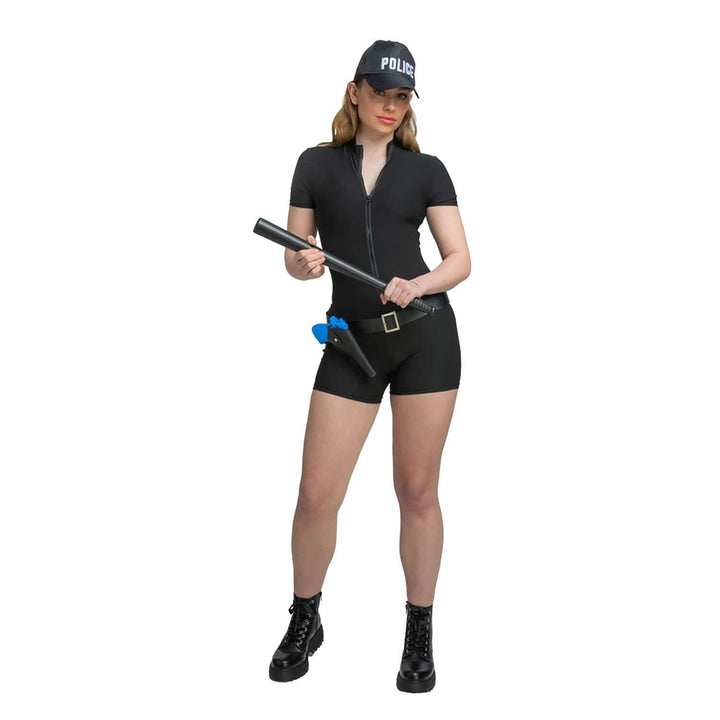 Woman wearing a black romper with police cap, belt and gun holster and a black truncheon
