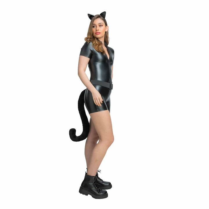 Person wearing a black cat-themed costume with a ears and tail