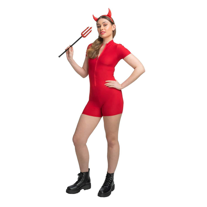 Person wearing a red devil costume with horns and a pitchfork on a white background