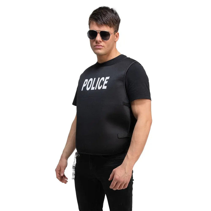 Man wearing a black Police vest body armour for fancy dress costumes