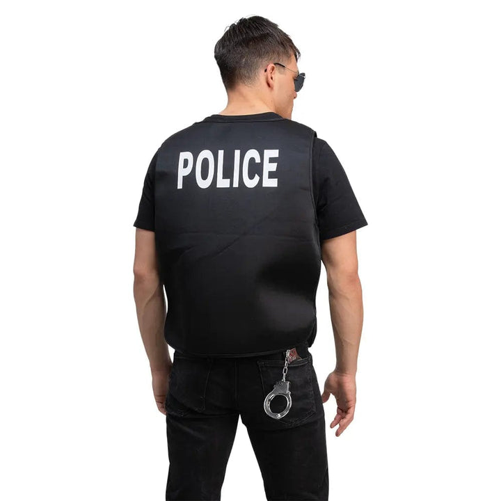 Back of a mens police vest with police text, for fancy dress costumes