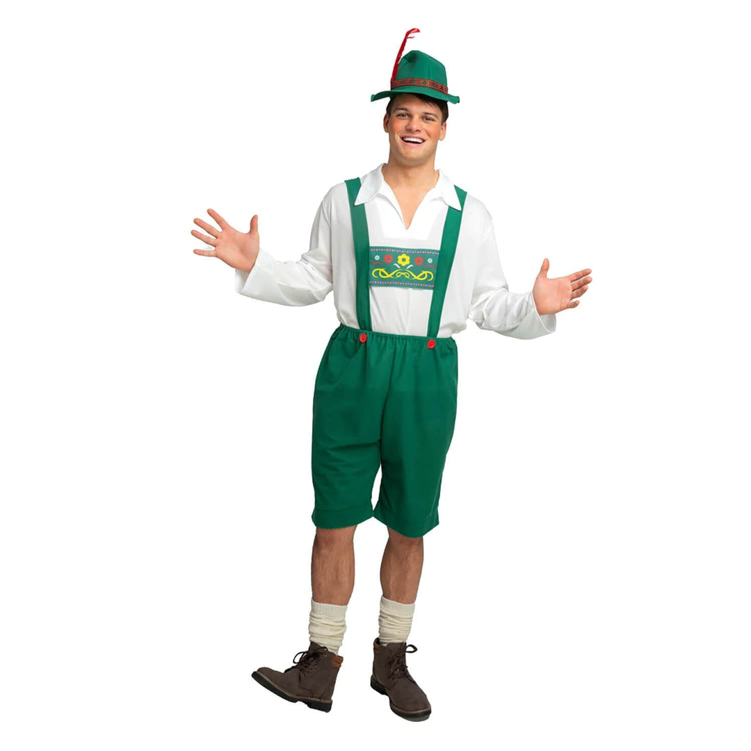 Person wearing a green lederhosen outfit with a white shirt and Bavarian hat with feather