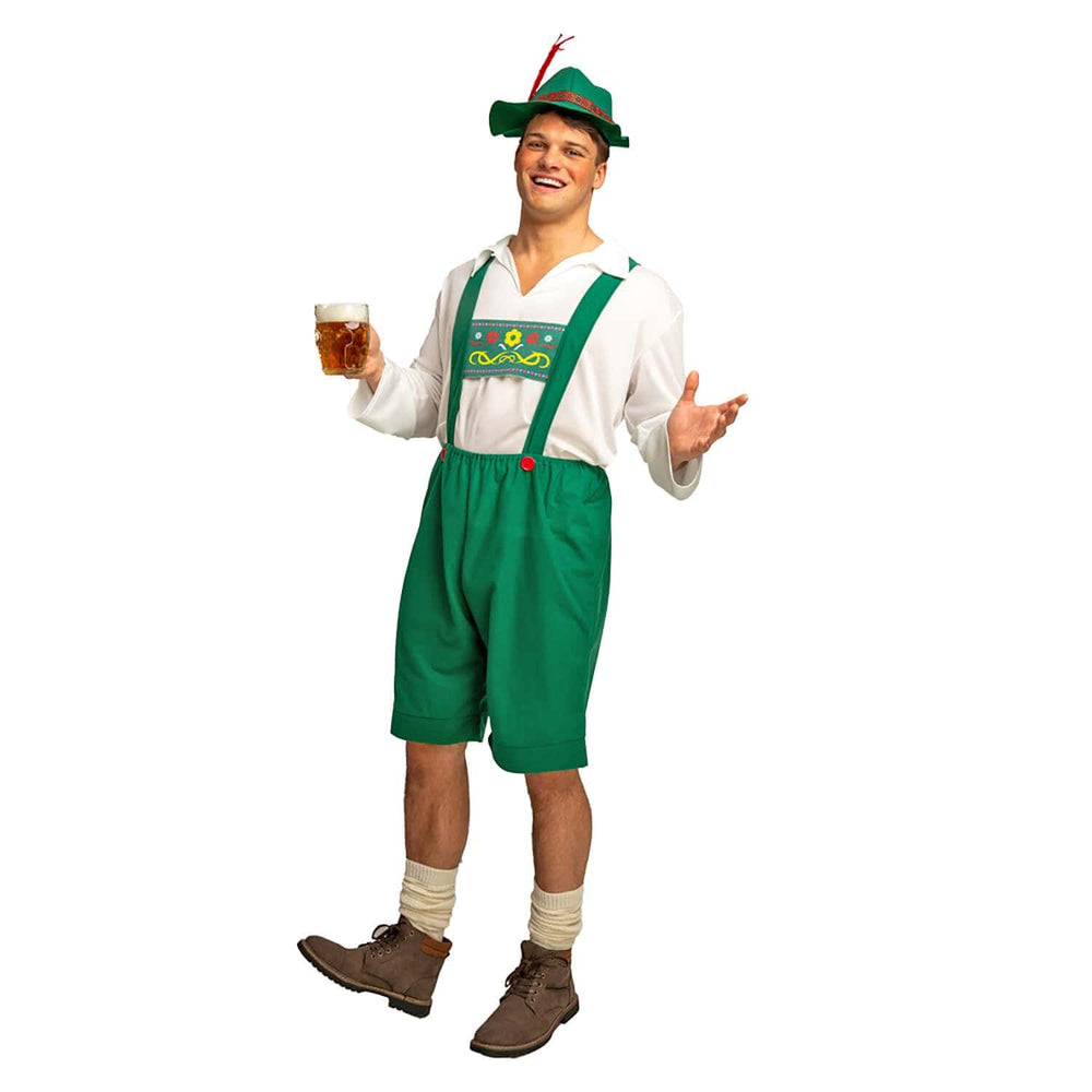 Person wearing a green Oktoberfest costume with a beer mug on a white background