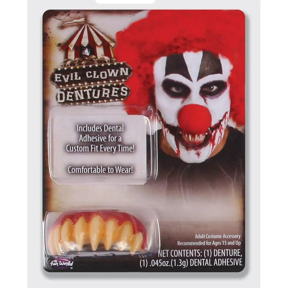 Evil clown dentures in a pack with dental adhesive for Halloween fancy dress clown costumes