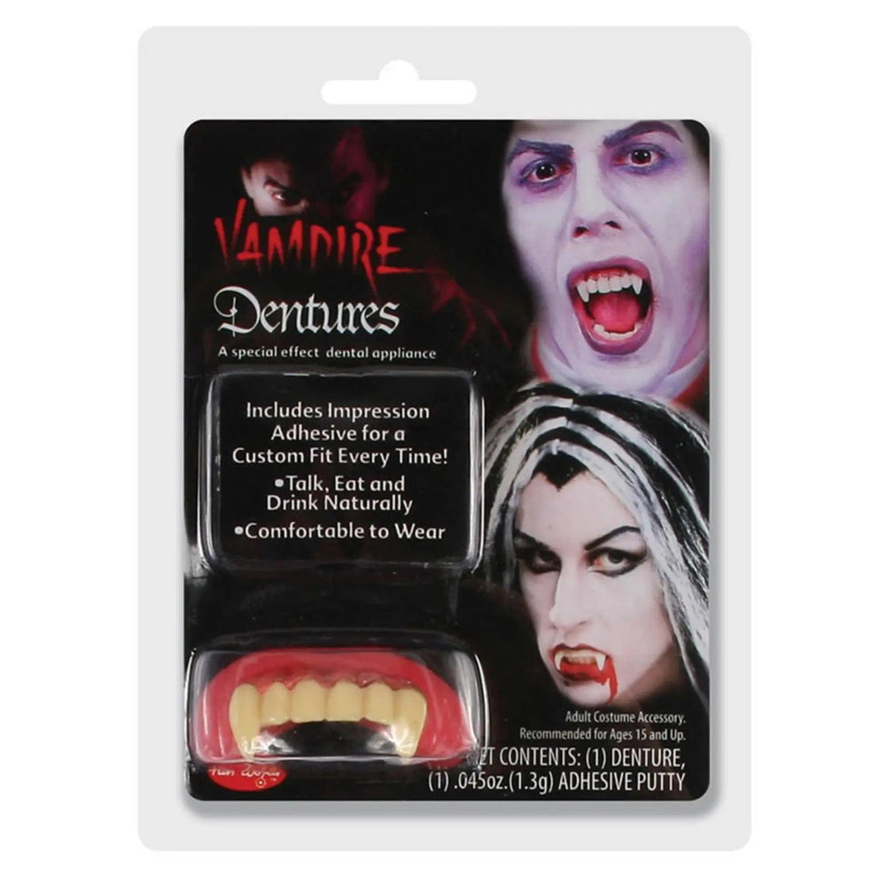 Vampire dentures in a pack with dental adhesive for Halloween fancy dress dracula costumes