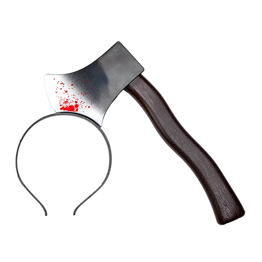 Plastic bloody axe horror prop on a headband for Halloween costumes