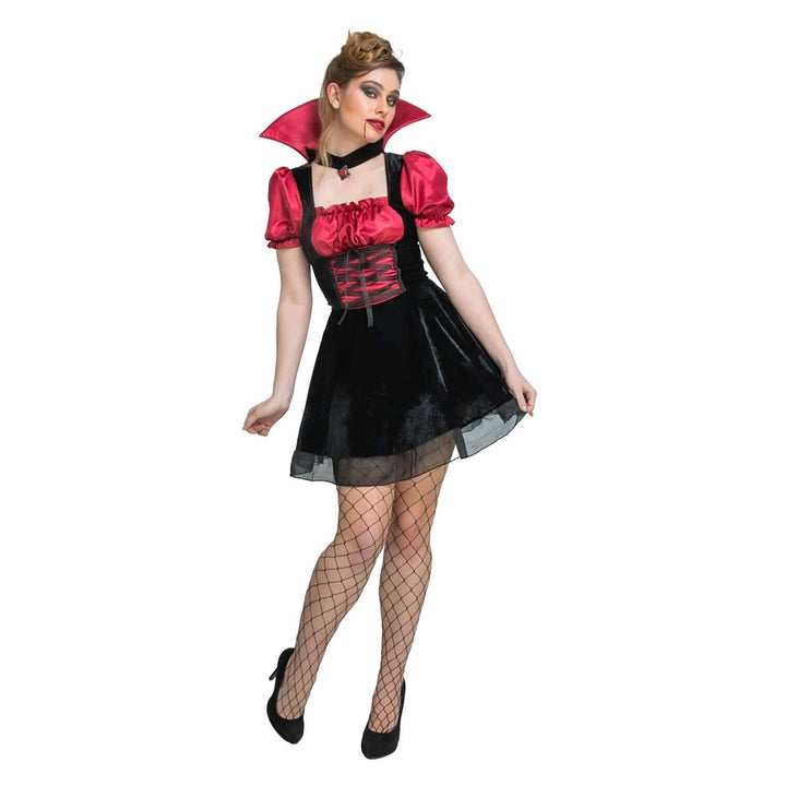 Woman wearing a black and red sexy vampire fancy dress costume with high collar