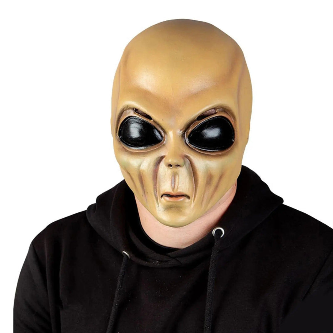 Gold colour alien mask with big black eyes for Halloween and space theme fancy dress parties