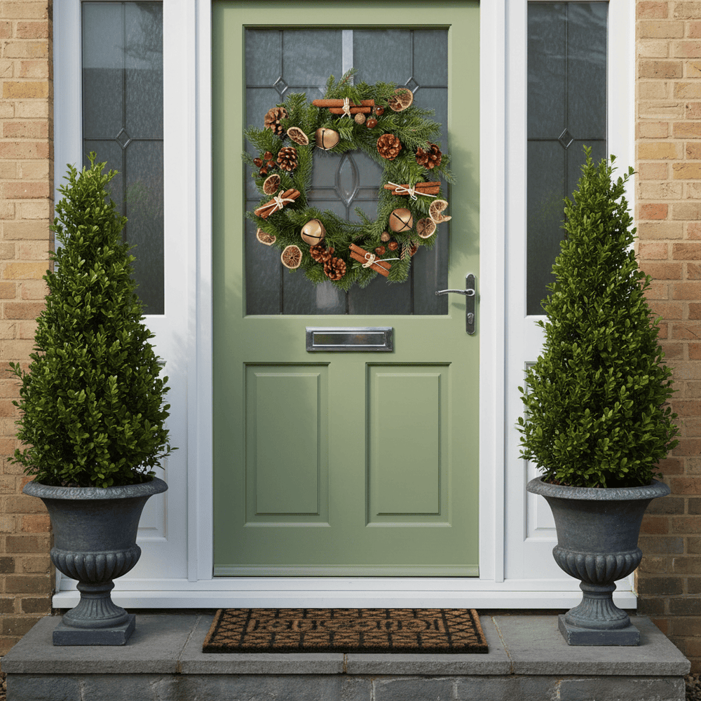 Green front door with decorative wreath and potted plants on a brick wall background