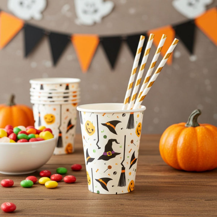 Pumpkin Witch Hat Table Decor Party Paper Cups Plates Napkins