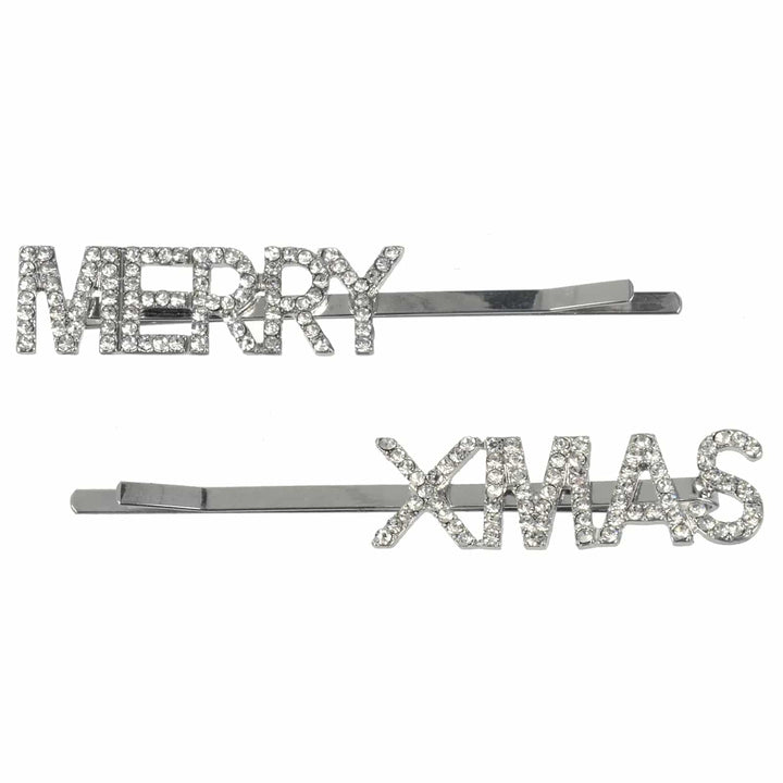 Pair of Merry Xmas Chfristmas hair slides in silver with diamante letterss