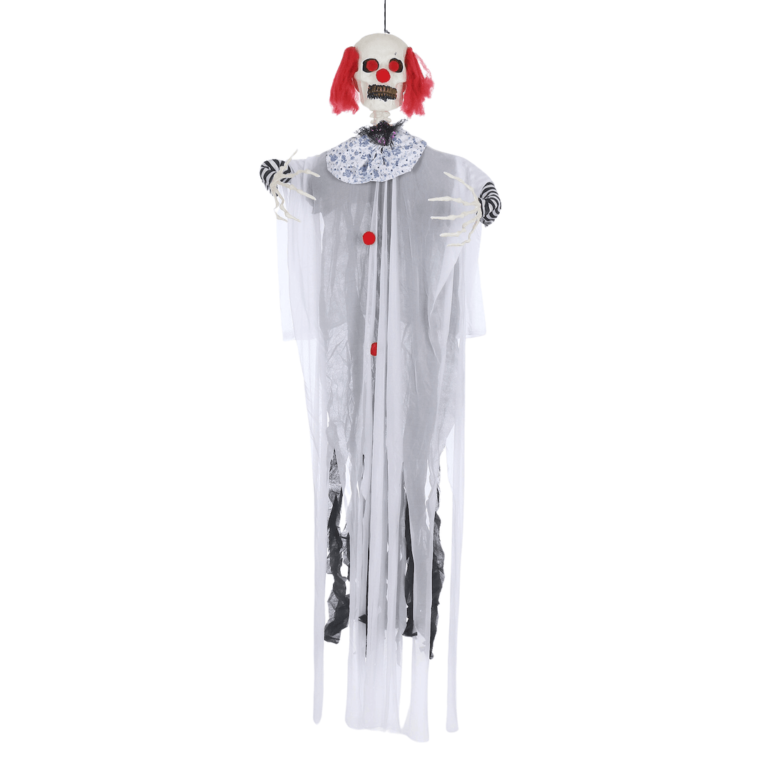 hanging scary clown with red hair, nose and glowing red eyes