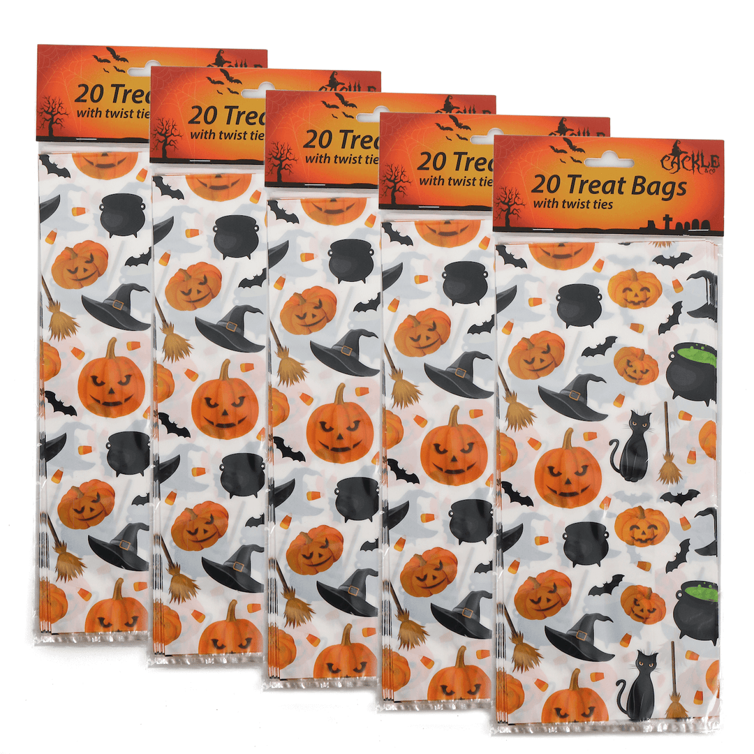 5 packs of 20 trick or treat bags with twist ties featuring witch accessories