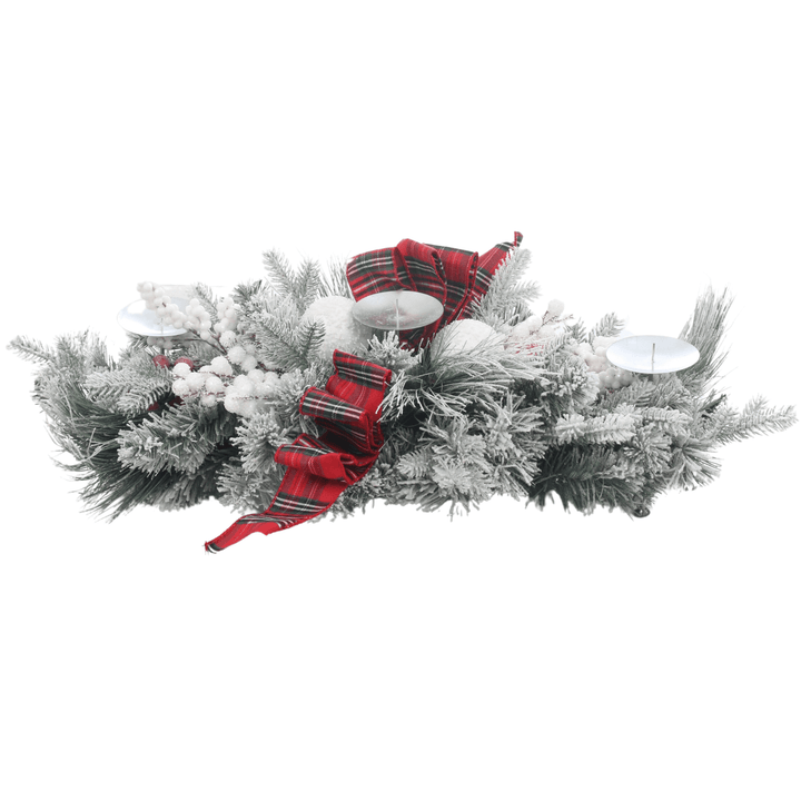 table centrepiece with 3 candle holders featuring flocked branches and tartan bow in the centre