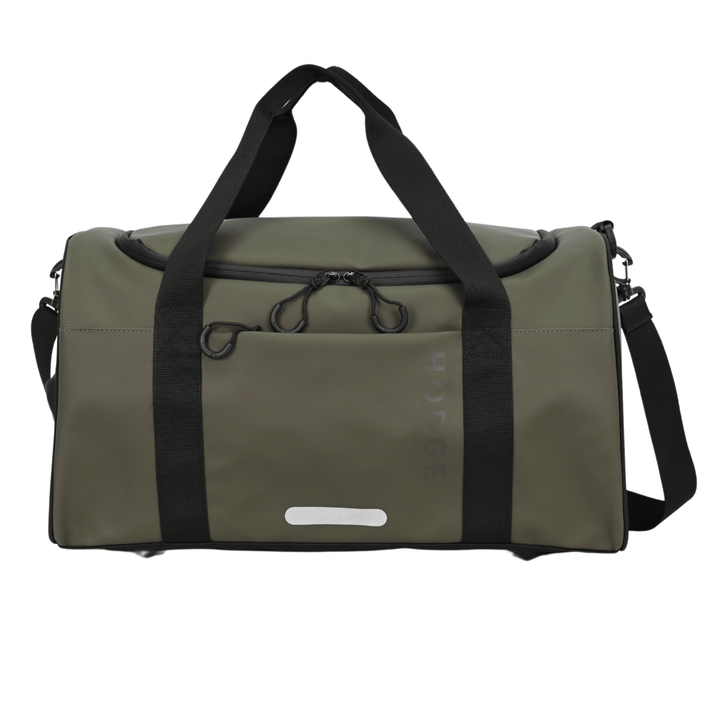 front view of hode and hodge duffle bag with rounded zip pull, carry handles and reflective detail