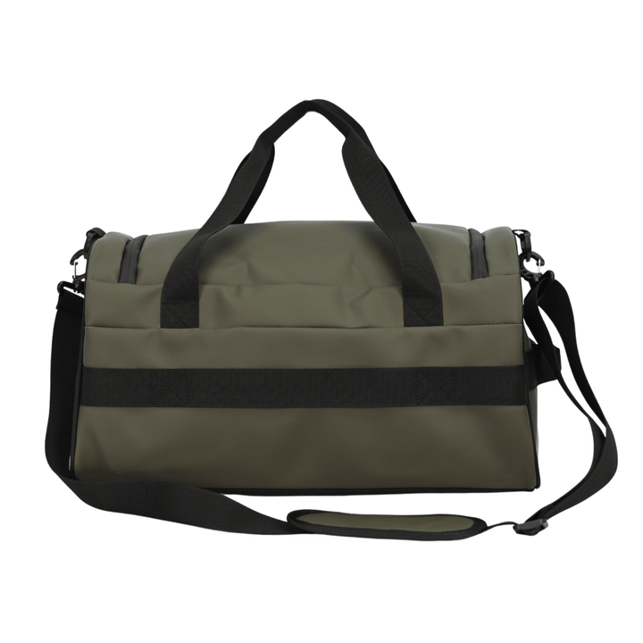 back view of duffle bag with black trolley sleeve
