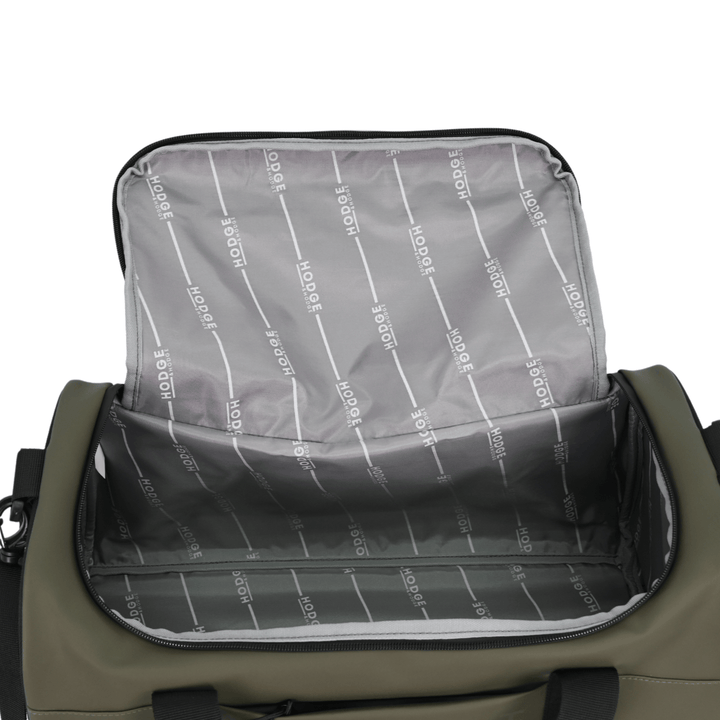 detail of interior with branded lining and one large main compartment