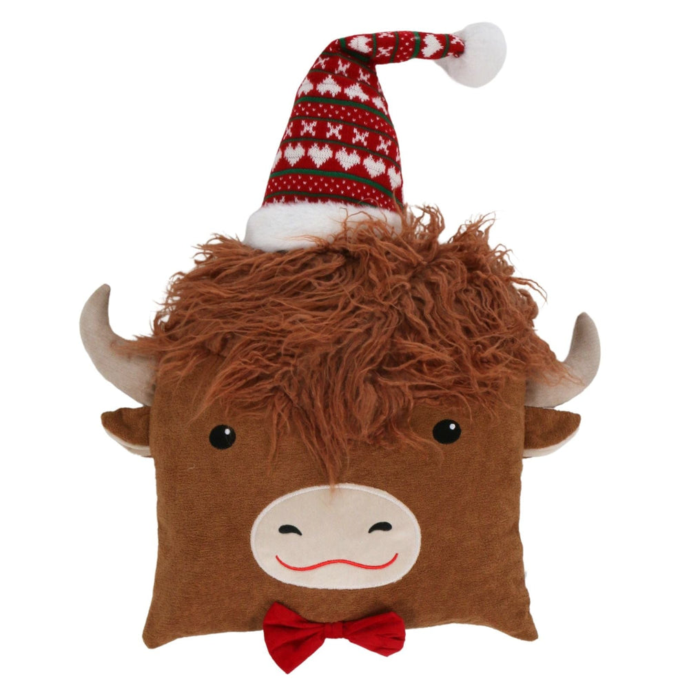 plush brown cushion with highland cow face, wearing santa hat and bow tie