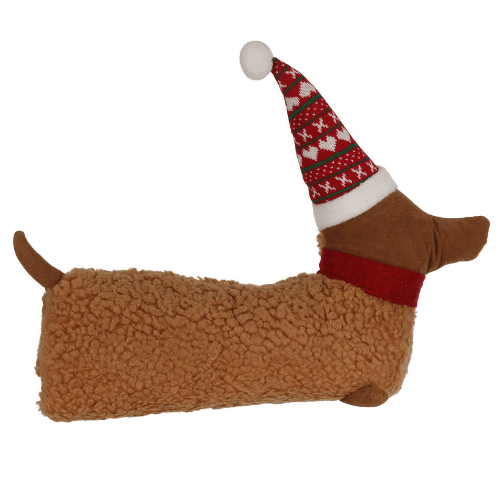 back view of sausage dog cushion with plush fleecy fabric and santa hat