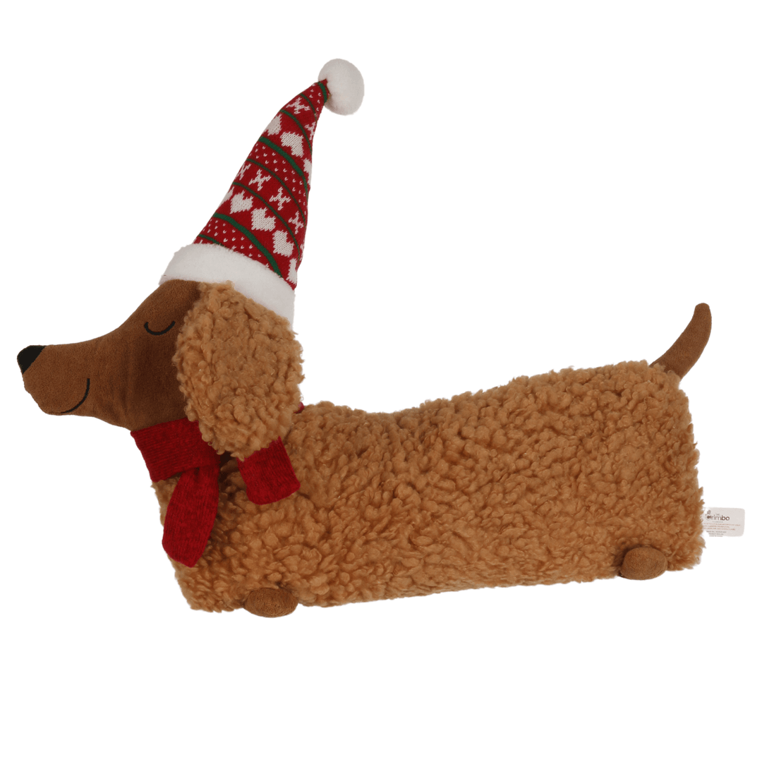 sausage dog shaped christmas cushion wearing red and green santa hat and red scarf