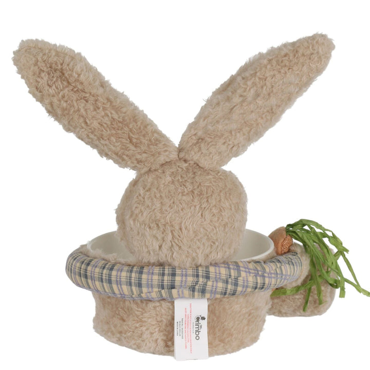back view of plush bunny with a basket on a white background