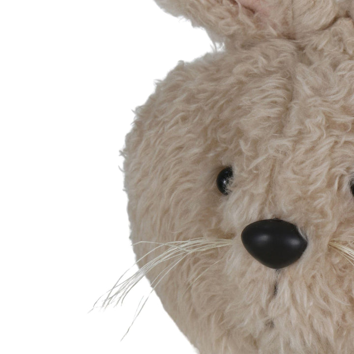 Close-up of a plush rabbit's face on a white background