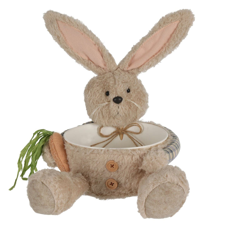 easter bunny with candy bowl bucket holding carrot on white background