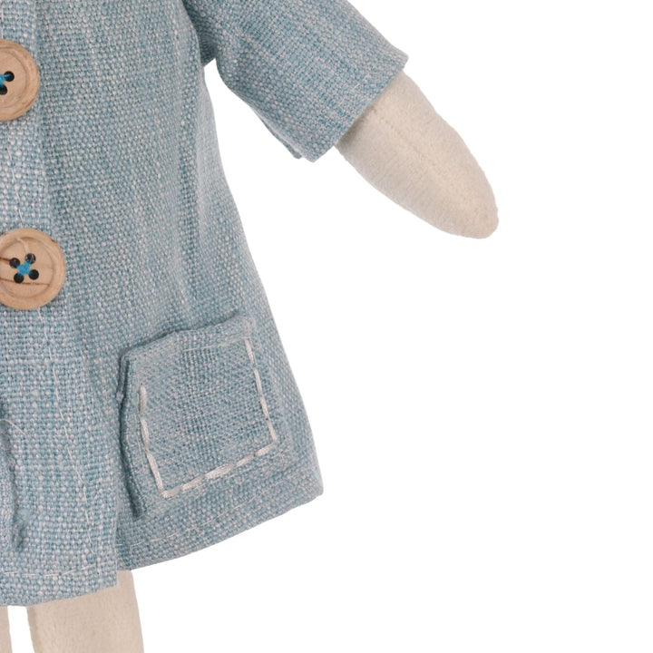 Close-up of a blue textured raincoat with buttons on a white background