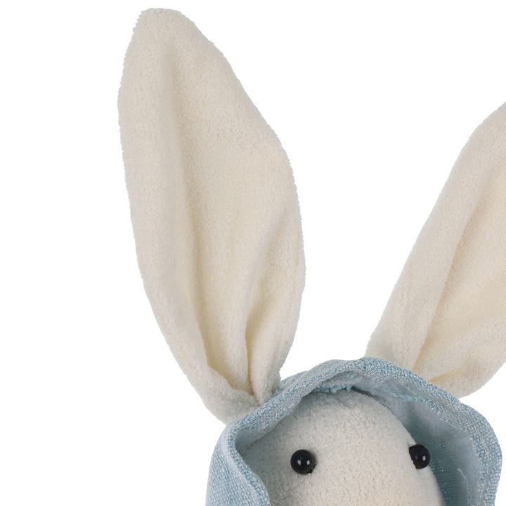 Close-up of a plush rabbit ears with a blue hood on a white background