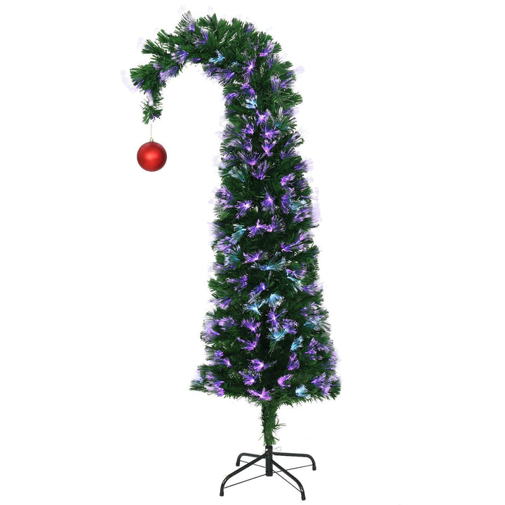 fibre optic curved tree with purple and blue lights and red bauble hanging on the end