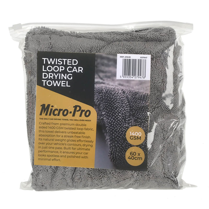 Large grey twisted loop car drying towel in pack