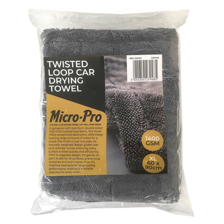XL grey twisted loop car drying towel in packaging