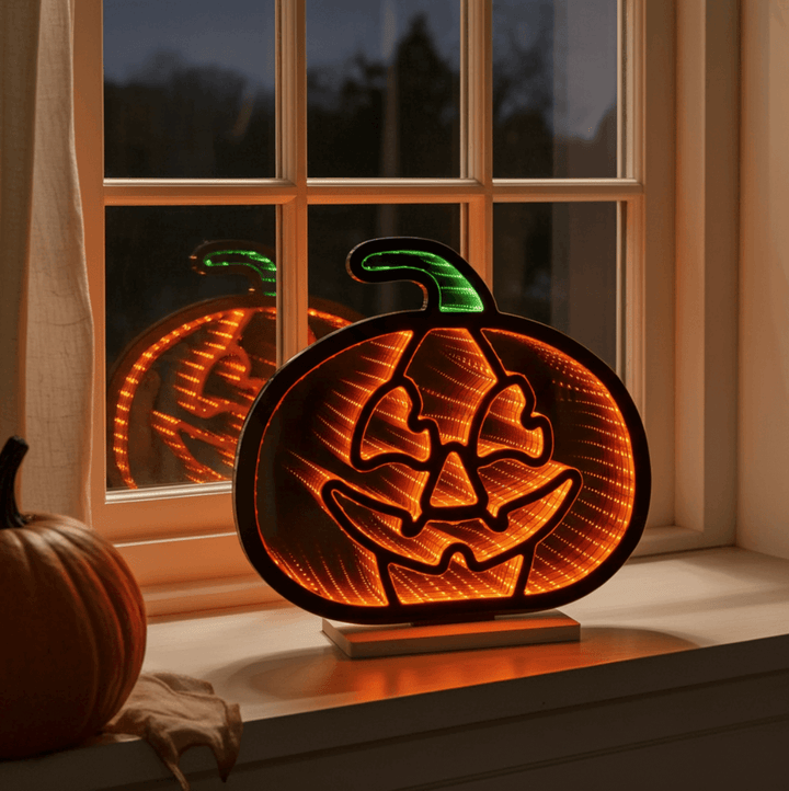 Decorative pumpkin-shaped lamp with a jack-o'-lantern design on a windowsill.