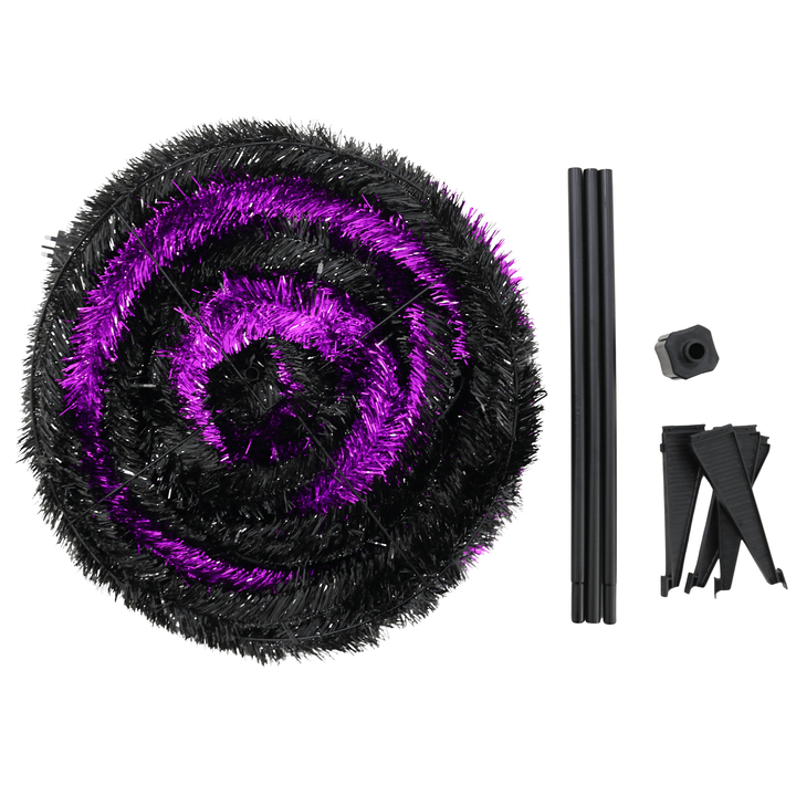 shot of included pieces, with 3 metal bars, plastic base and tinsel wrapped tree