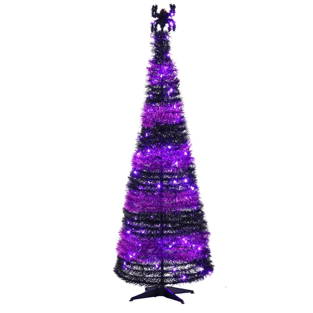 purple and black halloween pop up tinsel tree with purple lights and spider topper on white background
