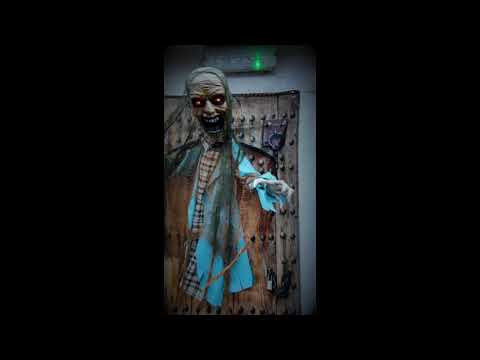 6ft Animated Zombie Chained to Door Lights Sounds Decoration