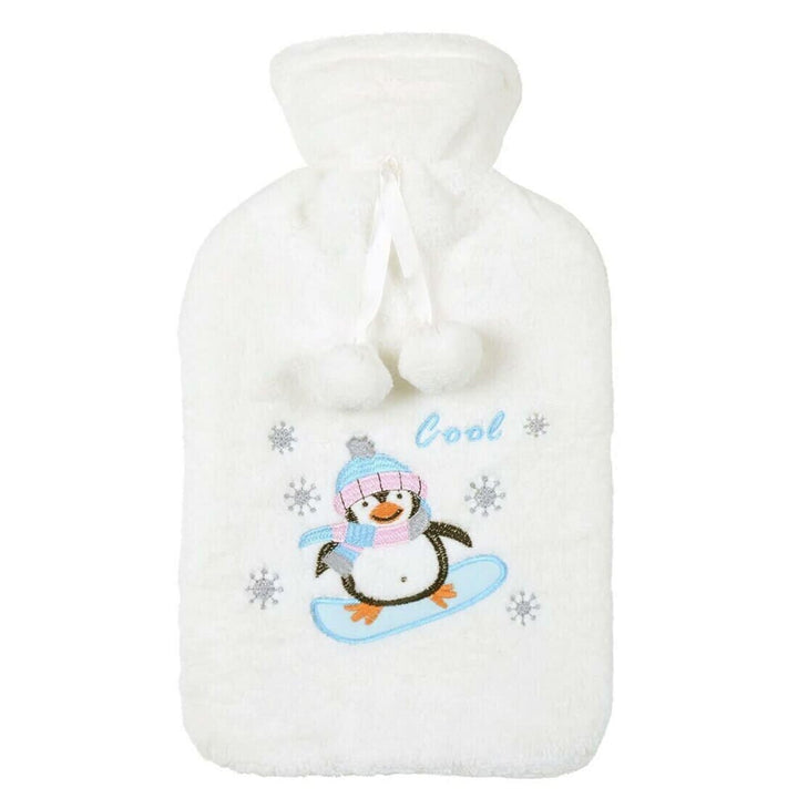 Hot Water Bottle Large Plush Fleece Cover Novelty Pompoms Penguin